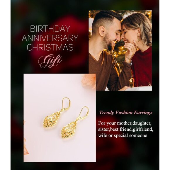 Leverback Dangle Earrings for Women Teardrop Filigree 14K Gold Plated Earrings - Picture 3 of 6